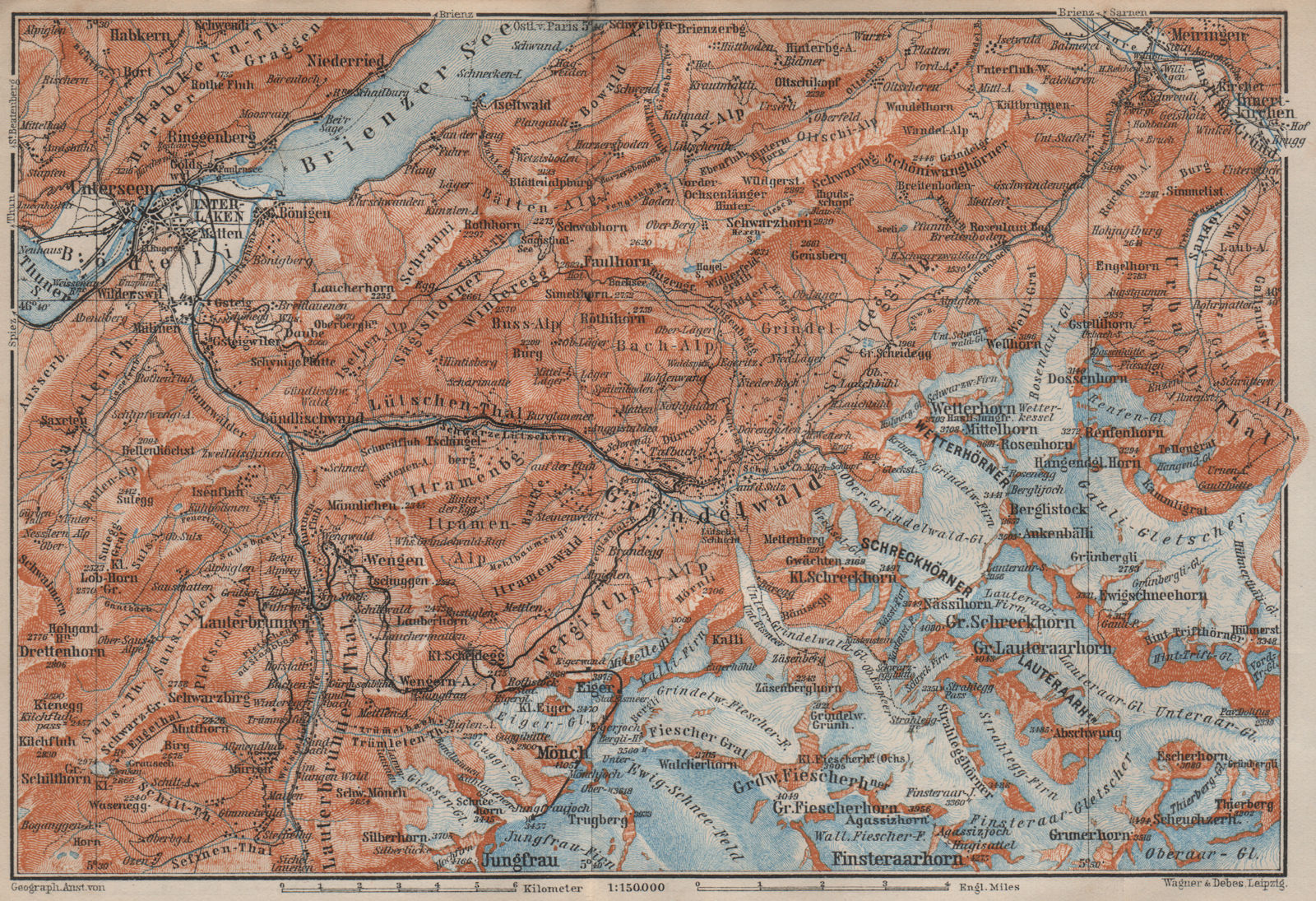 GRINDELWALD environs. Wengen Mürren Jungfrau Wetterhorn Interlaken 1913 map
